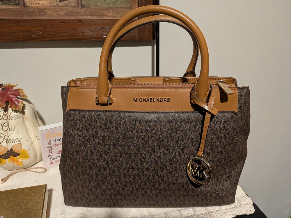 Michael Kors Landon Medium Logo Satchel Brown & Tan Shoulder/Crossbody W Dustbag